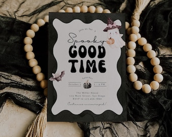 Spooky Good Time Halloween Party Invitation for Canva, Watercolor Ghost Holiday Invite, Editable Dinner Evite