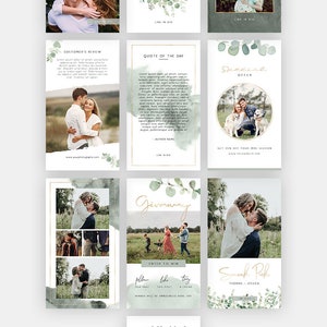 May include: A collection of Instagram story templates featuring a watercolor background with greenery and gold accents. The templates include a sneak peek, a quote of the day, a special offer, a giveaway, and a calendar for available dates. The text "INSTAGRAM STORY" is at the top of the image.