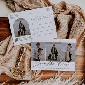 Modelo de cartão postal minimalista para salvar a data com código QR, convite moderno para salvar a data com foto, Boho Save Our Date Photoshop e Canva | Sloane