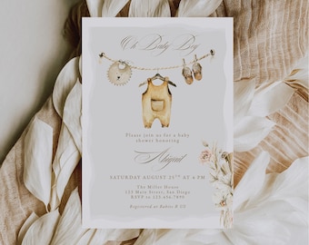 Boho Boy Clothesline Baby Shower Invitation for Canva, Editable Printable Yellow Clothes Party Invite with Watercolor Flowers