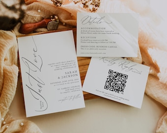 Nothing Fancy Just Love Invitation Template Suite with QR Code RSVP, Boho Wedding Invite, Photo Wedding Invitation, Canva Template | Sloane