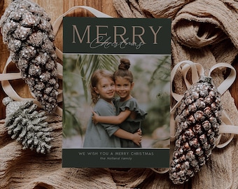 Green Modern Christmas Card Template, Editable Minimalist Holiday Photo Card, Photoshop and Canva 5x7 Card