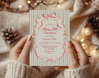 Coquette Bow Friendmas Christmas Party Invitation Template, Editable Stripes Xmas Dinner Invite, Printable DIY Holiday Party Evite for Canva
