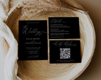 Minimalist Black Wedding Invitation Template Suite with QR Code, Boho Wedding Invite, Photo Wedding Invitation, Canva Template | Sloane