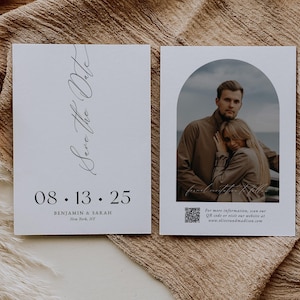 May include: Save the Date wedding announcement with a black and white photo of a couple in a romantic embrace. The date is 08.13.25 and the couple's names are Benjamin & Sarah. The announcement also includes the location New York, NY.
