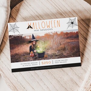 May include: A Halloween-themed promotional card featuring a child dressed as a witch in a field. The card has the text "HALLOWEEN MINI SESSIONS" in orange, with spiderwebs and a bat graphic. Additional text includes session details and a website address.