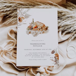 Watercolor Thanksgiving Potluck Dinner Party Invitation Canva Template, Fall Friendsgiving Invite, Boho Thanksgiving Feast Evite