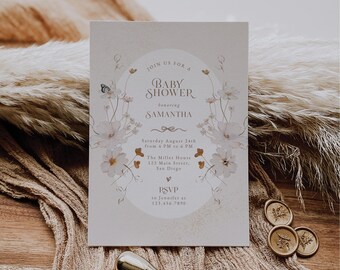 Watercolor Flowers Baby Shower Invitation for Canva, Editable Printable Wildflower Party Invite