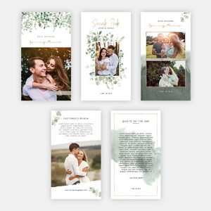 May include: Five Instagram story templates with a green watercolor background and eucalyptus leaves. The templates feature photos of a couple and text that says "Now Booking Spring Minis", "Sneak Peek", "Quote of the Day", and "Customer's Review".