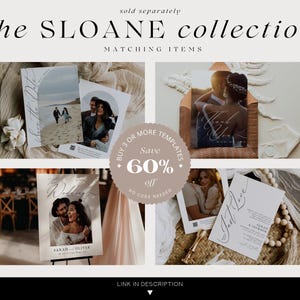 May include: A collection of wedding stationery templates featuring a minimalist design with calligraphy script. The templates include a welcome sign, a thank you card, a save the date card, and a wedding invitation. The templates are available in a variety of colors and can be customized to match your wedding theme.