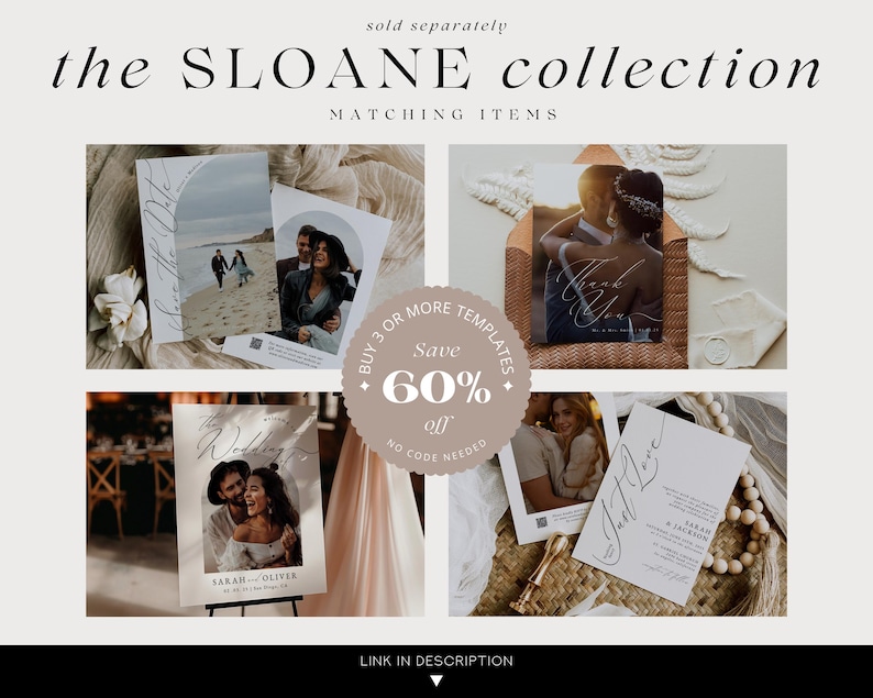 May include: A collection of wedding stationery templates featuring a minimalist design with calligraphy script. The templates include a welcome sign, a thank you card, a save the date card, and a wedding invitation. The templates are available in a variety of colors and can be customized to match your wedding theme.