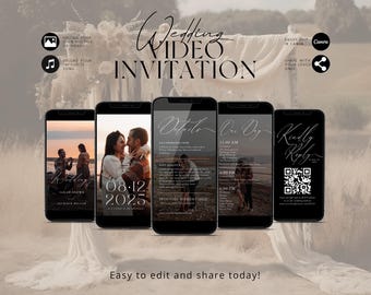 Photo Wedding Video Invitation Template with QR Code, Animated Editable Wedding Invite with RSVP, Electronic Wedding Evite, Canva | Sloane