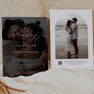 Minimalist Wedding Photo Invitation Template with QR Code, Boho Photo Wedding Invite for Canva | Sloane