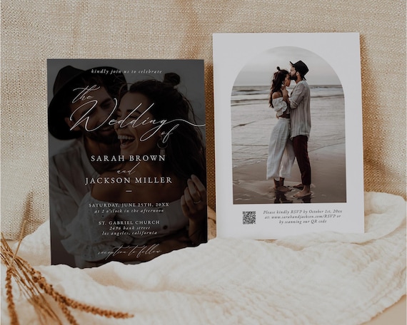 Minimalist Wedding Photo Invitation Template with QR Code, Boho Photo Wedding Invite for Canva | Sloane