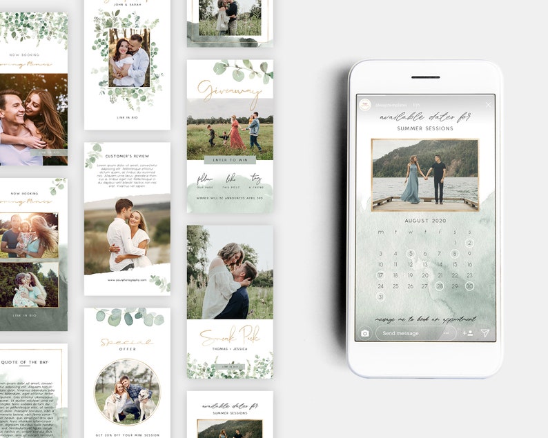 May include: A smartphone screen displaying a calendar with available dates for summer sessions. The calendar is for August 2020 and has a watercolor background with a photo of a couple holding hands on a dock. The text "available dates for summer sessions" is at the top of the screen. The text "message me to book an appointment" is at the bottom of the screen.