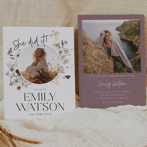 Wildflower Graduation Announcement Template, She Did It Graduation Party Invite, Boho College Graduation Invitation, Photoshop, Canva