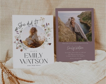 Wildflower Graduation Announcement Template, She Did It Graduation Party Invite, Boho College Graduation Invitation