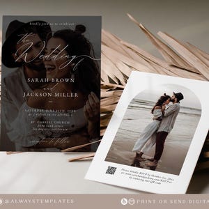 May include: A wedding invitation with a dark background and a white script font. The invitation features a photo of the couple and the text "The Wedding of Sarah Brown and Jackson Miller". The invitation also includes the date, time, and location of the wedding. The invitation is decorated with a floral design.