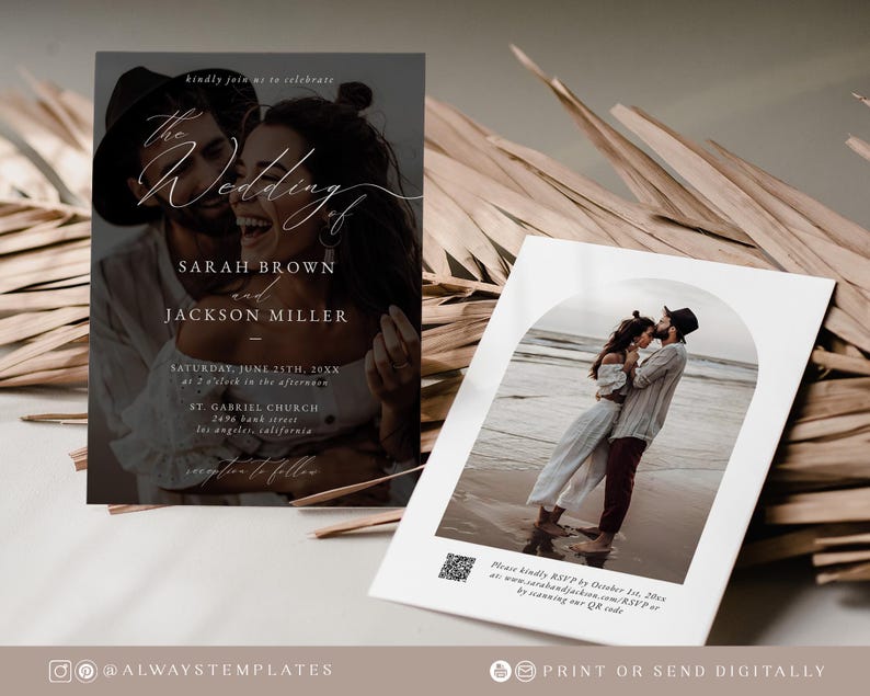 May include: A wedding invitation with a dark background and a white script font. The invitation features a photo of the couple and the text "The Wedding of Sarah Brown and Jackson Miller". The invitation also includes the date, time, and location of the wedding. The invitation is decorated with a floral design.