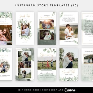 May include: Ten Instagram story templates with a green and white watercolor background. The templates feature a variety of designs, including a sneak peek, a spacing offer, a giveaway, a customer review, a quote of the day, and available dates for summer sessions. The templates are editable using Adobe Photoshop and Canva.