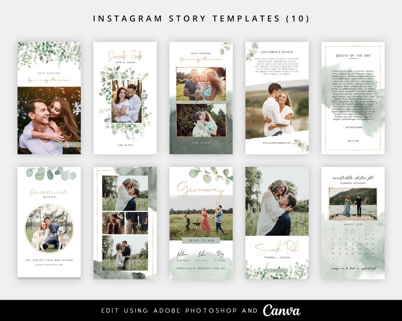 May include: Ten Instagram story templates with a green and white watercolor background. The templates feature a variety of designs, including a sneak peek, a spacing offer, a giveaway, a customer review, a quote of the day, and available dates for summer sessions. The templates are editable using Adobe Photoshop and Canva.