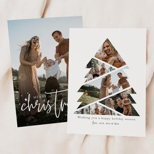 Plantilla de tarjeta con árbol de Navidad, tarjeta navideña con foto, plantilla de Photoshop para tarjeta navideña, plantilla de tarjeta navideña con foto para vacaciones, plantilla de Canva