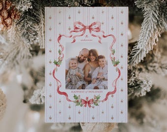 Grandmillennial Christmas Card Template for Photoshop & Canva, Coquette Bow Greenery Photo Holiday Card