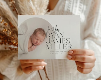 Arch Baby Birth Announcement Template, Printable Photo Birth Card, Birth Announcement With Pictures, Canva, Photoshop | Leo