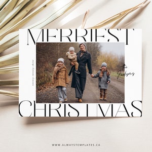 Merriest Christmas Card Template, Minimalist Christmas Card, Modern Holiday Photo Card, Editable Christmas Card, Photoshop and Canva - CC188