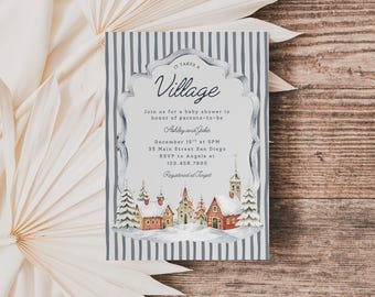 It Takes a Village Baby Shower Invitation for Canva, Editable Printable Stripes Winter Christmas Baby Party Invite