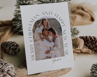 Plantilla minimalista para tarjeta de Navidad con foto, tarjeta navideña moderna con foto, tarjeta navideña familiar con foto en estilo boho, plantilla para Photoshop y Canva - CC189