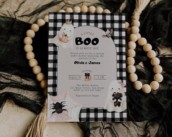A Little Boo is Almost Due Halloween Baby Shower Invitation for Canva, Editable Printable Plaid Party Invite