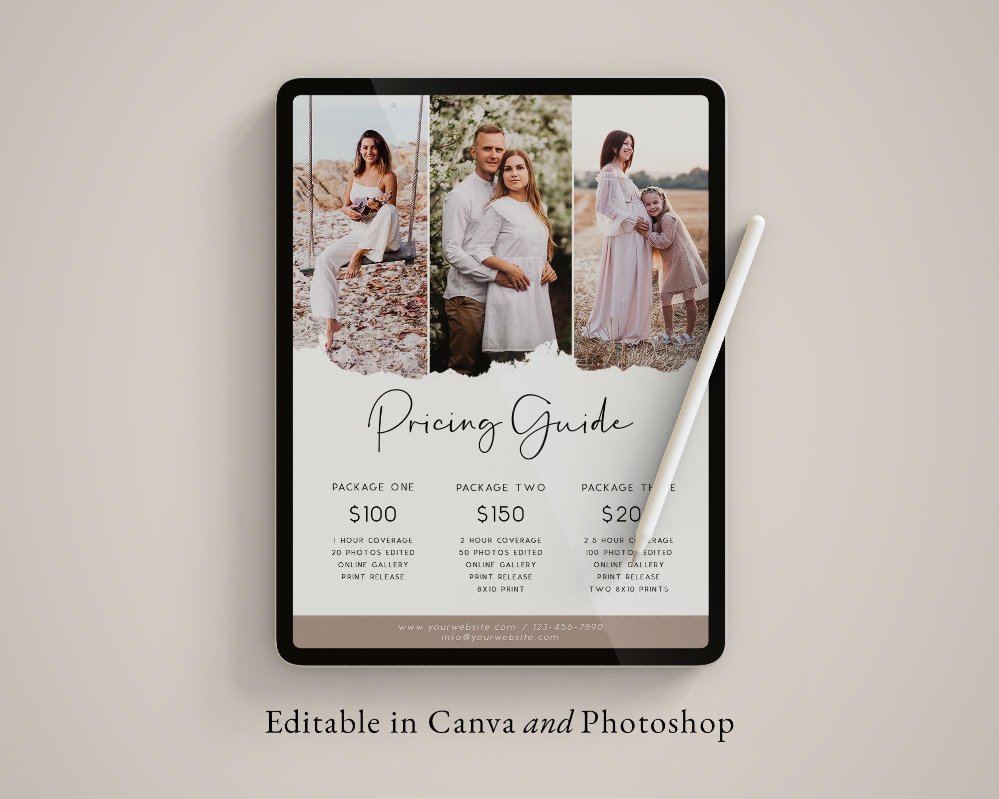 Pricing Guide Template for Photographers, Photography Price List, Photography Investment, Family Session Price Sheet, Photoshop Canva, PG006