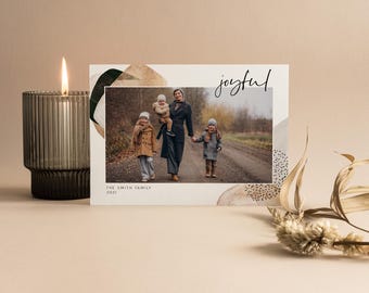 Boho Joyful Photo Christmas Card Template, Modern Christmas Card, Holiday Card Template, Photo Holiday Card, Minimal Holiday Card - CC109