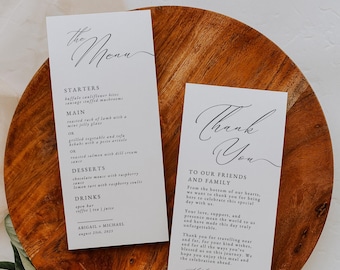 Minimalist Menu and Thank you Card Template, Table Wedding Menu Card, 4x9 5x7 8x10 Dinner Menu, Elegant Script Wedding Menu, Canva | Sloane