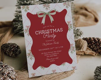 Watercolor Grandmillennial Christmas Party Invitation Template, Editable Bow Xmas Dinner Invite, Printable DIY Holiday Party Evite for Canva