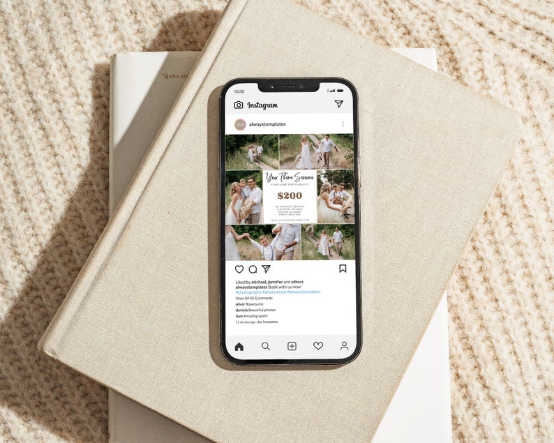 May include: Instagram post with a collage of photos of a family in a field. The post is advertising a photography package for $200. The text says "Your Three Seasons Family Photography Package $200".