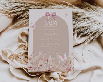 Baby In Bloom Baby Shower Invitation for Canva, Editable Printable Watercolor Wildflower Party Invite