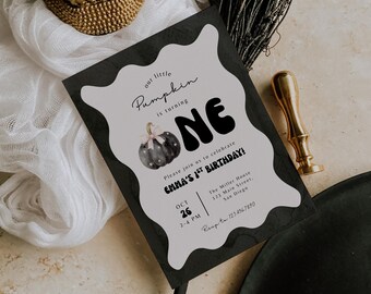 Our Little Pumpkin 1st Birthday Invitation Canva Template, Halloween Black Pink Turning One Invite, Fall Wavy First Bday Evite