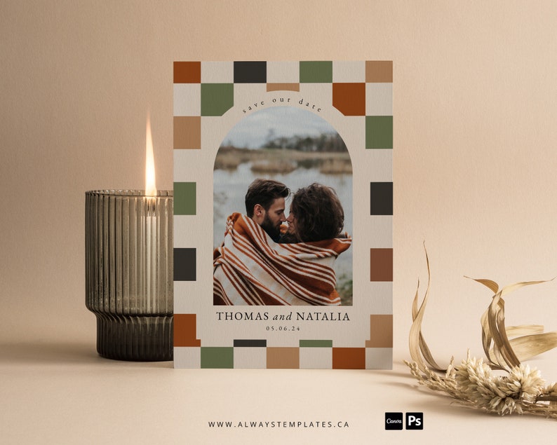 Retro Save the Date Template, Checkered Wedding Save Our Date, Boho Save the Date Card, Levi image 2