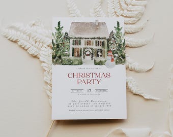 May include: A Christmas party invitation featuring a watercolor illustration of a snow-covered house with Christmas trees and a snowman. The invitation text reads "CHRISTMAS PARTY" with event details.