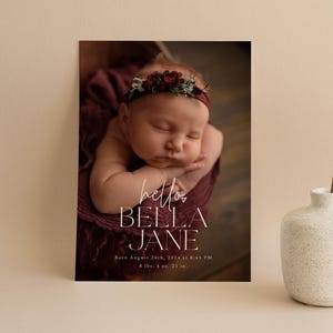 Modern Baby Birth Announcement Card Template, Printable Photo Birth Card, Birth Announcement With Pictures, Canva, Photoshop | Leo