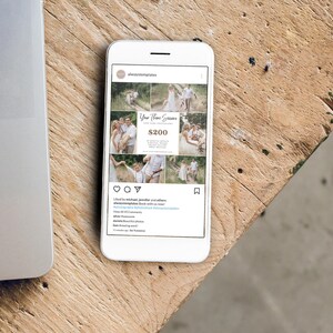 May include: A phone screen displaying a social media post for a photography business. The post features a collage of photos of families and couples, with the text "Your Three Session $200" and a link to the business's website.