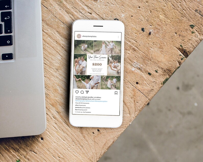 May include: A phone screen displaying a social media post for a photography business. The post features a collage of photos of families and couples, with the text "Your Three Session $200" and a link to the business's website.