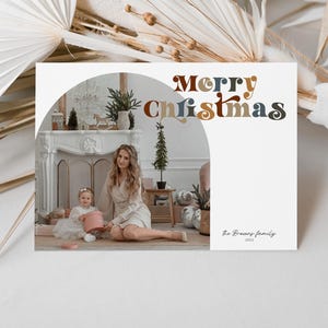 Retro Arch Christmas Card Template, Photo Holiday Card Template, Boho Christmas Card, Photoshop Christmas Card Template, Canva Template