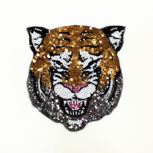 1 PC Tiger Head Sequin Applique,Paillette Tiger Patch,Sequin Tiger Head Patch,T-Shirt Sequin Applique, Cool Sew on Sequin Patch