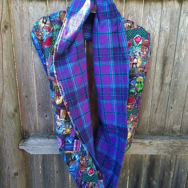EXTRA WIDE - Stained Glass and Plaid Flannel Infinity Scarf - Tale as Old as Time
