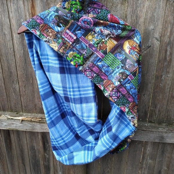 EXTRA WIDE - Stained Glass and Plaid Flannel Infinity Scarf - Tale as Old as Time - Blue