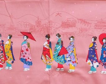 Japanese Cotton Print Fabric Geisha Girls Pink Panel 28 x 110cm Made in Japan
