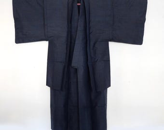 Men's Vintage Silk Kimono and Haori Set - Navy Blue
